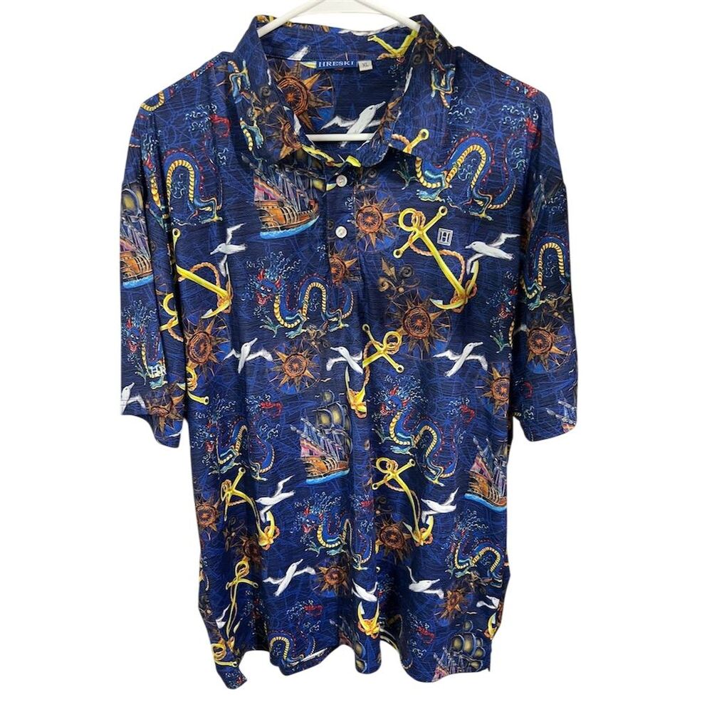 Hreski Men's XL Blue Nautical Sea-Life Polo Shirt Short Sleeve Casual